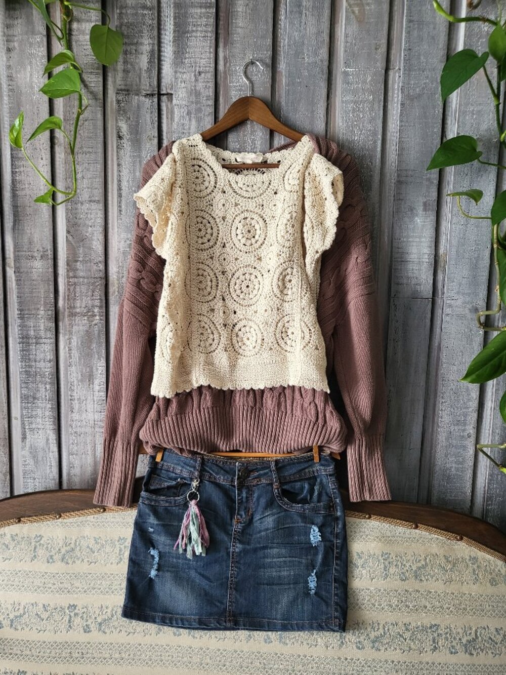 SWEATER SKIRT SET Sari Silk Tassel Denim Knit Boho XL 28 Y2K Cottage Distressed
